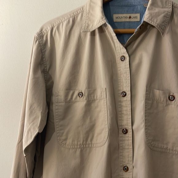 Vintage 90s Mountain Lake Work Shirt Khaki Oversized Button Down Mens Small - Picture 4 of 5